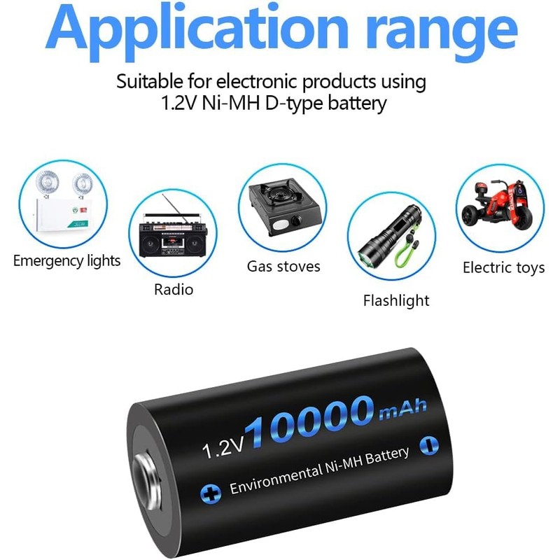 CITYORK 4 Pack 10000mAh Rechargeable D Batteries, 1.2V Ni-MH High