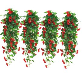 VOELIGT 4 PCS Faux Hanging Plants Outdoor Artificial Hanging Red Flowers for Outdoors Faux Outdoor Plants for Planters Look Real for Outside Home Indoor Porch Patio Yard Decor