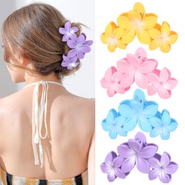 4PCS Hawaiian Plumeria Large Claw Clips for Women - Non-Slip Strong Hold Flower Hair Clips for Thick Hair (Colorful)