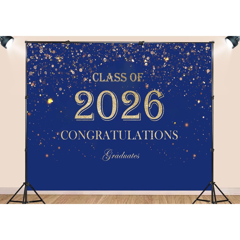 Class of 2026 Graduation Backdrop, Navy Blue and Gold Congratulations