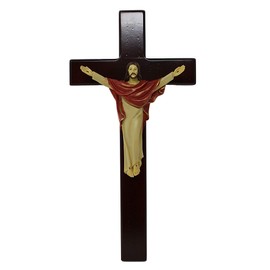 Needzo Catholic Wall Decor, Hanging Risen Christ Dark Wooden Cross, Jesus Figurine 13 Inches