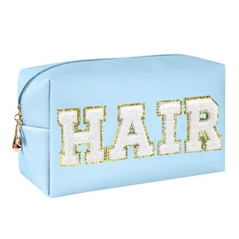 Preppy Patch Makeup Bag,Travel Cosmetic Bags PU Leather Portable Waterproof Toiletry Storage Case with Chenille Letter Zipper Daily Use Pouch for Women,Bluish Green Hair