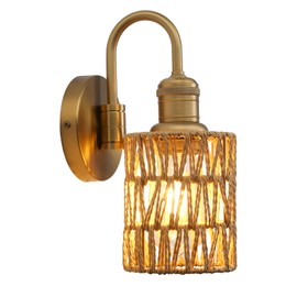 JIMUBEAM 1-Light Vintage Gooseneck Sconce Wall Lighting with Rattan Shade, Industrial Hardwired Wall Lamp Fixture for Hallway Living Room Bedroom Bedside