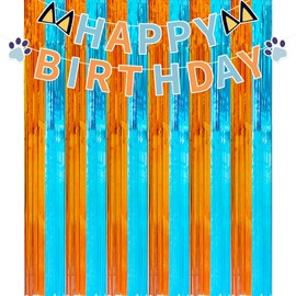 2 Pack 3.3x6.6ft Blue Dog Foil Fringe Curtains and Banner, Orange and Blue Tinsel Photo Booth Prop, Streamer Backdrop Blue Dog Birthday Party and Blue Dog Theme Party Decorations