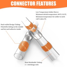 Camtek 200PCS Solder Seal Wire Connectors Orange 8 AWG, Marine Grade Self Soldering Heat Shrink Wire Connectors Waterproof Insulated Electrical Butt Splice Wire Terminals for Automotive Boat Truck