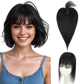 Hairro Human Hair Topper with Wispy Bangs, Clips on 360° 3D Cover Real Hairpieces Lightweight, 2.25"x6" Base for Women with High Hairline/Thinning Hair, 8 Inch Jet Black