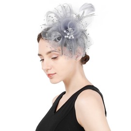 Fascinators Hat Flower Cocktail Lace Mesh Feathers Headband Clip for Women Tea Party Wedding Vintage Derby Hats-Grey-01