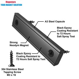 Magnetpro Rectangular Magnets 80 LBS Force Size 2.36" x 0.53" x 0.20" Black Epoxy Coating Rust Resistance, Suitable for Outdoor Area, Household and Industrial Pot Magnet with Screws Pack of 8
