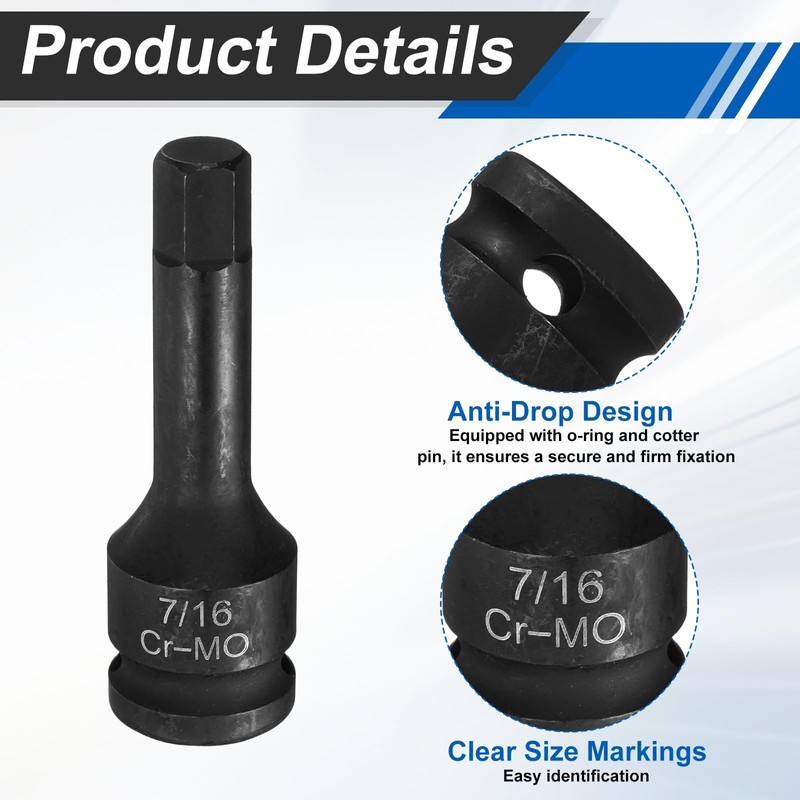 HARFINGTON 1/2" Drive Impact Hex Bit Socket 7/16 Inch SAE