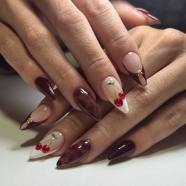 QQPPOLIU Almond Nails Press on French Tips Brown Fake Nails with Leopard Print and Cherry Designs for Women and Girls 24pcs
