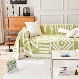 STACYPIK Christmas Chenille Green Sofa Cover Boho Geometric Couch Cover for Dogs Cats Loveseat Cover Reversible Couch Cover for Sectional Washable L Shaped Couch Protector for 3 Cushion Couch-91X118IN