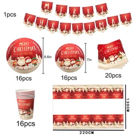 Christmas Tableware Set,16 Guests Christmas Decoration Disposable Dinnerware Set with Xmas Banner Tablecloth Napkin Christmas Paper Plates and Cups for Christmas Party Supplies Tableware Decorations