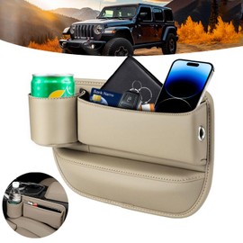 Car Leather Cup Holder Gap Bag Phone Holder Car Seat Storage Box with Cup Holder Car Seat Gap Filler Organizer Car Accessories (Beige, Driver's Seat)
