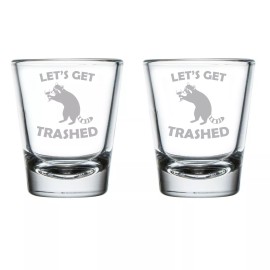 MIP Set of 2 Shot Glasses Glass Let's Get Trashed Raccoon Funny