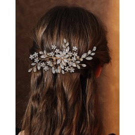 Teyglen Gold Wedding Rhinestone Hair Comb with Pearl Crystal Flower Hair Side Comb Bridal Crystal Headpiece Handmade Rhinestone Hair Piece Flower Headpiece Hair Accessories for Women (Gold)