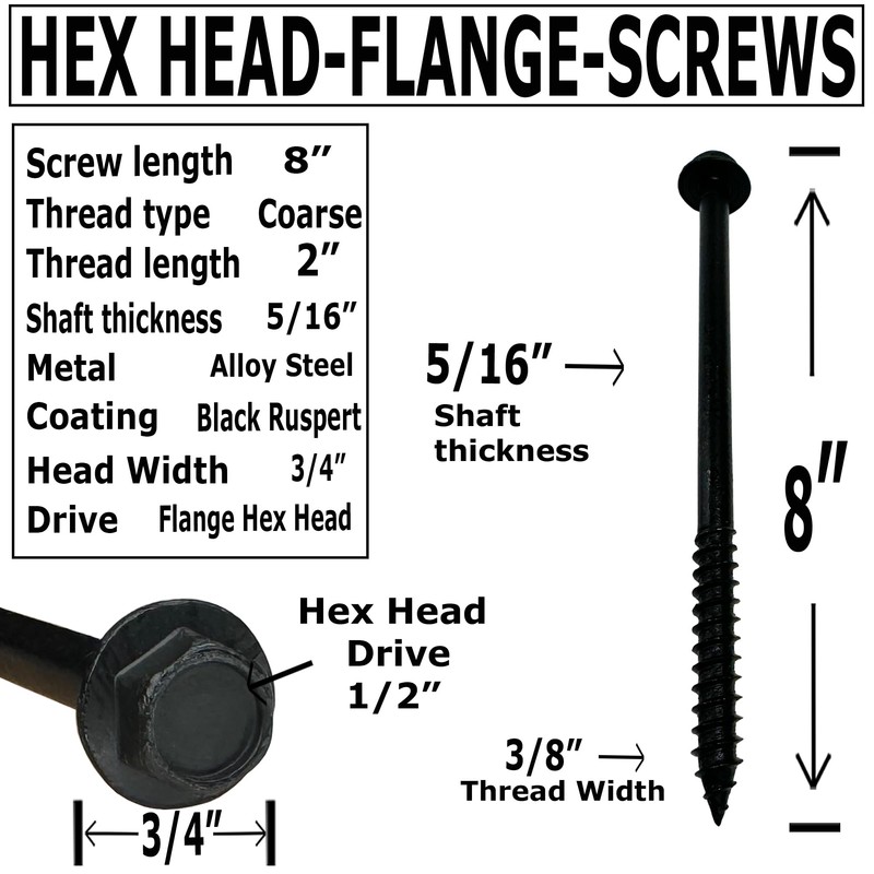 (10) 3/8” X 8” Black Hex Head Lag Wood Screws,