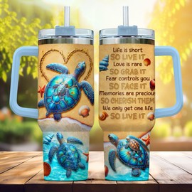 99WHALE Tumbler 40 Oz With Handle Lid And Straw, Summer Myrtle Navy Beach For Tumblers Royal Women Insulated Blue Handle, Sea Turtle Seashells Inspiration, Sea Turtle Gifts