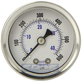 GAUGE Stainless Steel Liquid Filled Pressure, Back Mount 1/8" NPT, 1.5" FACE DIAL, WOG Rated (0-600 PSI)