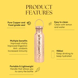 Shakti Warrior Hammered Tamba Copper Bottle - Pure Copper Water Bottle, Food Grade Silicone Seal, Leak Proof ( 30oz)
