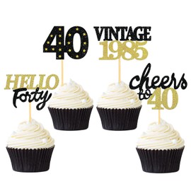 24 Pcs Glitter 40th Birthday Cupcake Toppers for Celebrating Forty Years Old Birthday Party Decorations for 40th Anniversary Party Supplies (Black&Gold)