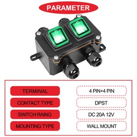 MKBKLLJY Inline Cord Switch IP66 Waterproof Switch Box DPST 12V DC 20A 8 Pin 2 Position ON/Off Outdoor Toggle Switch with Green Light Rocker Button Switch Double Side Two-Side Entry & Exit Line