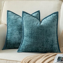 Yaertun Pack of 2 Chenille Textured Decorative Throw Pillow Covers Accent Solid Cushion Cover Soft Cozy Pillow Case with Velvet Back for Couch Sofa Bed Living Room 18x18 Inch Lake Blue