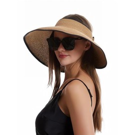 Women's Solid Color Cute Bow Design Wide Brim Straw Hat, Casual Trendy Foldable Sun Hat for Beach, Fashion Accessories for Women & Girls, Mother's Day Gift, Travel Essentials:_Khaki_one-size