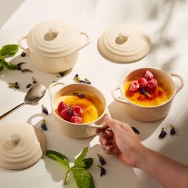 Kook Ceramic Mini Cocotte Set, Small Casserole Dishes with Lids and Handles, Individual Baking Ramekins, Oven, Microwave & Dishwasher Safe, Stoneware, 12 oz, Set of 4, Ivory