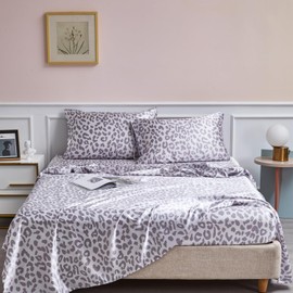 AiMay 4 Piece Queen Size Satin Bed Sheet Set Deep Pocket Silver Leopard Pattern Luxury Silky Super Soft 1 Flat Sheet 1 Fitted Sheet 2 Envelope Pillowcases Wrinkle Free (Silver Leopard, Queen)