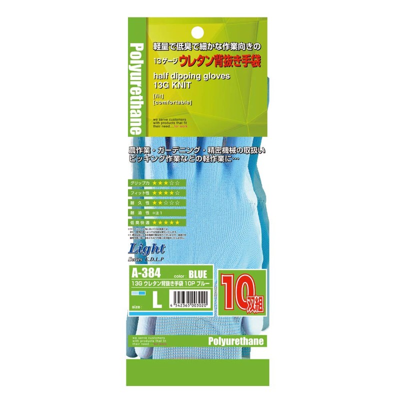 Otafuku Gloves, Urethane Backless Gloves, 13 Gauge, Polyester, A-384, Blue,