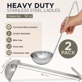 [2 Pack] 12 Oz Stainless Steel Soup Ladle - One-Piece Sauce Spatula with Hook Handles, Commercial Grade Serving Spoon, Kitchen Tool for Restaurant or Home Cooking, Mirror Finish, 14.75” Long