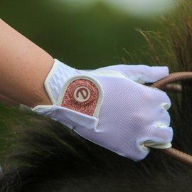 eGlove - eQUEST GripPro X-LITE Horse Riding Gloves - Lightweight, Breathable, Grippy Non-Slip Material - Comfort Mesh Back - Touchscreen Gloves (WHITE - ROSE GOLD GLITTER CUFF, S)