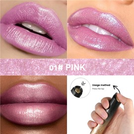 Wugbc Pink Glitter Lipstick for Women Metallic Finish, Long Lasting Moisturizing High Shine Diamond Non-sticky Creamy Shimmer Lip Stick Lightweight Shinning Color Full Coverage Tinted Lip Balm Makeup