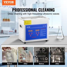 VEVOR Professional Ultrasonic Cleaner, Easy to Use with Digital Timer & Heater, Stainless Steel Industrial Machine for Parts, 110V, FCC/CE/RoHS Certified (3L)