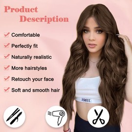 NAYOO Long Dark Brown Wavy Wig for Women 26 Inch Middle Part Curly Wavy Wig Natural Looking Synthetic Heat Resistant Fiber for Daily Party Use(Dark Brown)