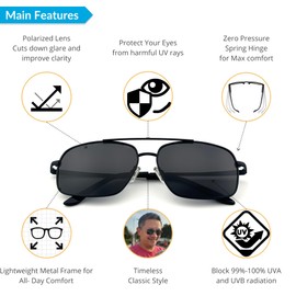 J+S Rua Retro Rectangle Aviator Sunglasses for Men Women | Metal Frame Polarized UV400 (Black/Charcoal Lens)