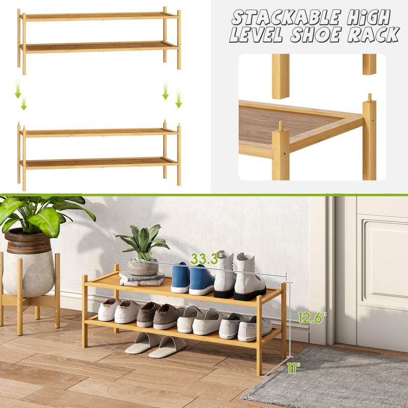 BMOSU 2-Tier Bamboo Extended Shoe Rack Premium Stackable Shoe Shelf