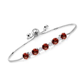 Gem Stone King 925 Sterling Silver Red Garnet and White Lab Grown Diamond Women Adjustable Tennis Bracelet (5.26 Cttw Round Cut, Center Stone: 5MM, Small Stones: 2.5MM)