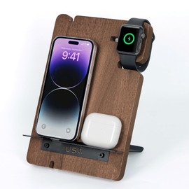 J JACKCUBE DESIGN Wood Charging Docking Station, Phone Watch Charge Dock Stand Multi Device Nightstand Organizer Holder for Smartphone Cellphone Accessories Bedside Caddy -MK243B