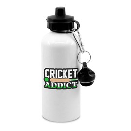 New Spirit Original Cricket addict black and white text with green detailing water bottle with clip, drinks bottle, drinks cup, sports, cricket player, cricket bat