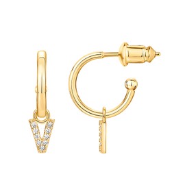 PAVOI 14K Yellow Gold Plated 925 Sterling Silver Post Huggie Earrings with Initial Dangle - CZ Hoop Earrings - Women's Cubic Zirconia V Initial Huggies