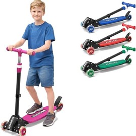 Patinetes de 3 ruedas para niños de 5 a 7 a 8 a 12, fáciles de inclinar para dirigir, ruedas iluminadas, manubrio ajustable (27 a 33 pulgadas), cubierta ancha antideslizante, patinete plegable para