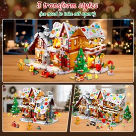 3 Style Christmas Gingerbread House Building Set with Lights - 2025 Christmas Castle Village Building Block Toy with Santa Claus Xmas Tree Train Gifts for Adults Kids Girls Boys Ages 8+ (1421PCS)
