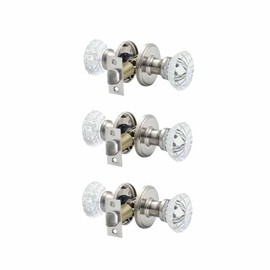 Cielsa Dawn Glass Door Knobs Interior with Lock, Satin Nickel Door Handles, Crystal Door Knobs with Lock(Satin Nickel, Privacy),3pack