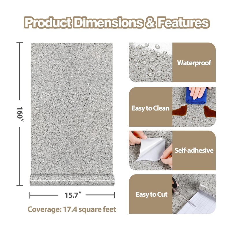 EaseStick Light Grey Granite Countertop Contact Paper Waterproof Glossy Marble