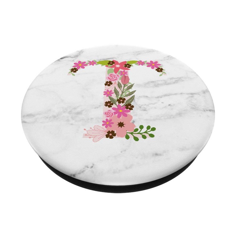 WHITE MARBLE PHONE GRIP PINK LETTER T INITIAL -T LETTER