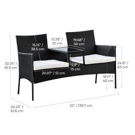 Teamson Home Outdoor Wicker Loveseat Bench with Glass Table and Cushions, Weather-Resistant Rattan Patio Conversation Set for Garden, Porch, Balcony – Black