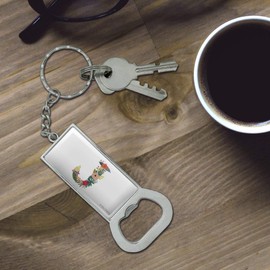Letter J Floral Monogram Initial Keychain Rectangle Chrome Plated Metal Bottle Cap Opener
