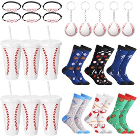 Pickmesh - 24 piezas divertidas de regalos de béisbol, vasos de plástico de béisbol a granel con pajita y tapa, calcetines deportivos novedosos, pulsera y llavero para Navidad, deportes, regalos de