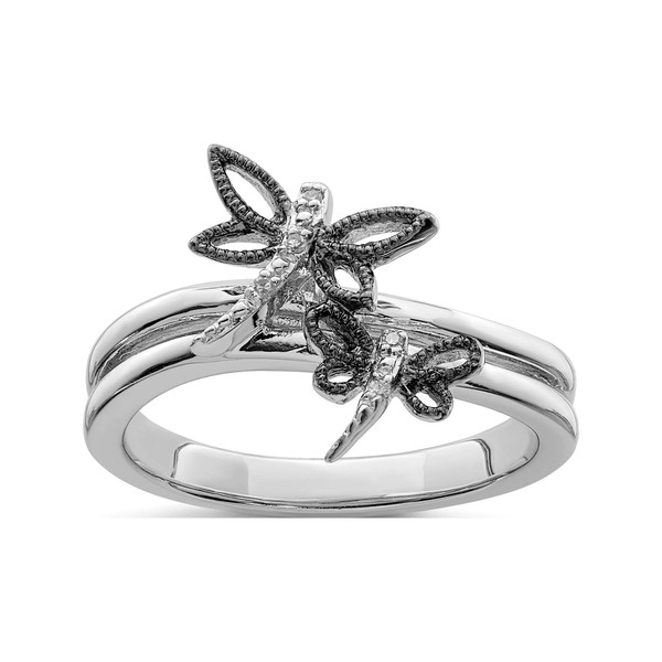 Sterling Silver Diamond Black Rhodium-Plated Dragonfly Ring - Jewelry By